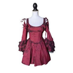 Dolls Kill Unholy Burgundy Red Taffeta Lace Up Corset Mini Dress New Medium Goth